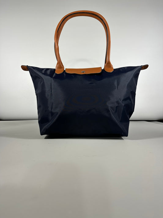 Shoppingbag ihopfällbar Marinblå med bruna detaljer